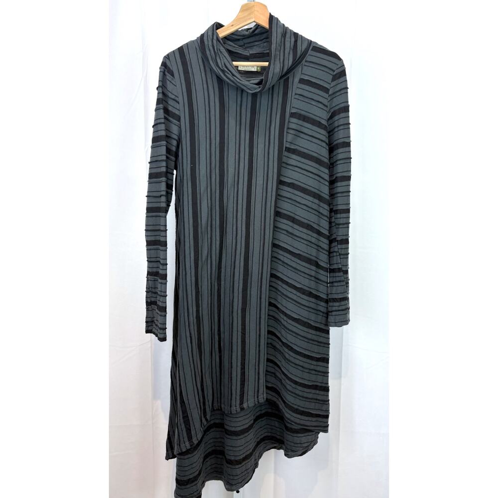 CHALET et Ceci S Asymmetric Cowl Neck Dress Long Sleeve Striped Gray Green Black - Picture 6 of 6